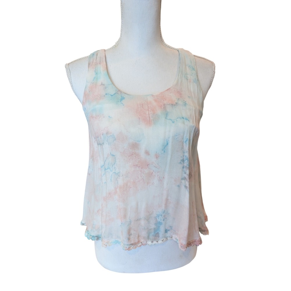 NWT Young Fabulous & Broke Womens XS Tie Dye Tank Pastel Pink Blue Crochet Trim